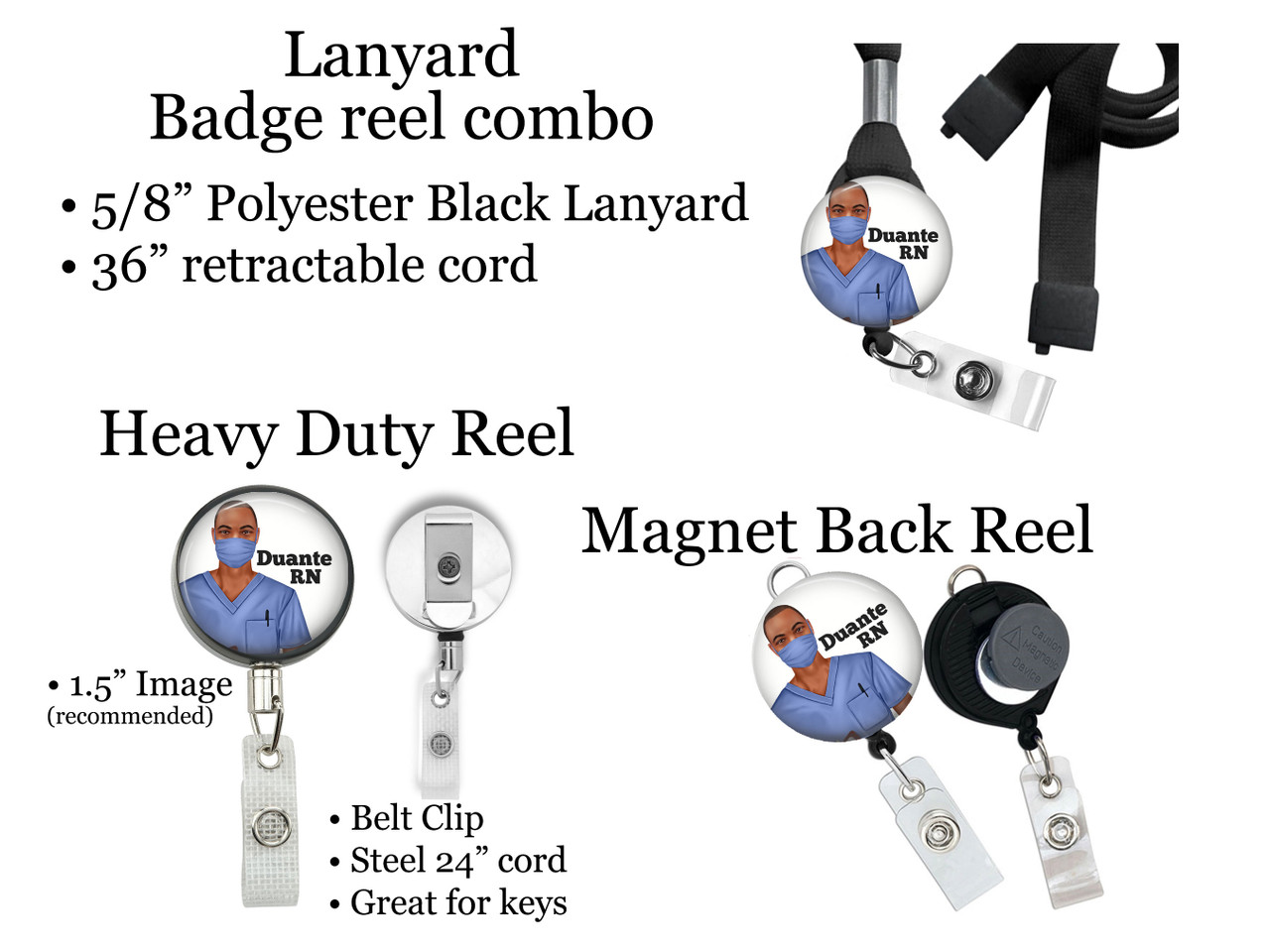 Black Male Nurse Retractable ID Badge Reel, Lanyard, or Carabiner