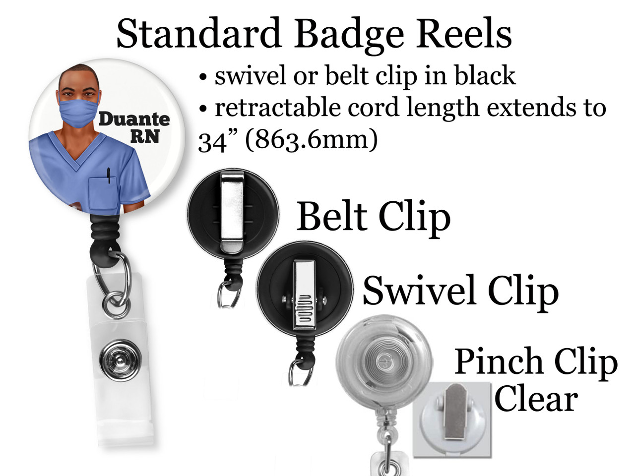 Black Male Nurse Retractable ID Badge Reel, Lanyard, or Carabiner (6  Designs, 8 Scrub Colors) - The Badge Patch (A Crystal Garden LLC)