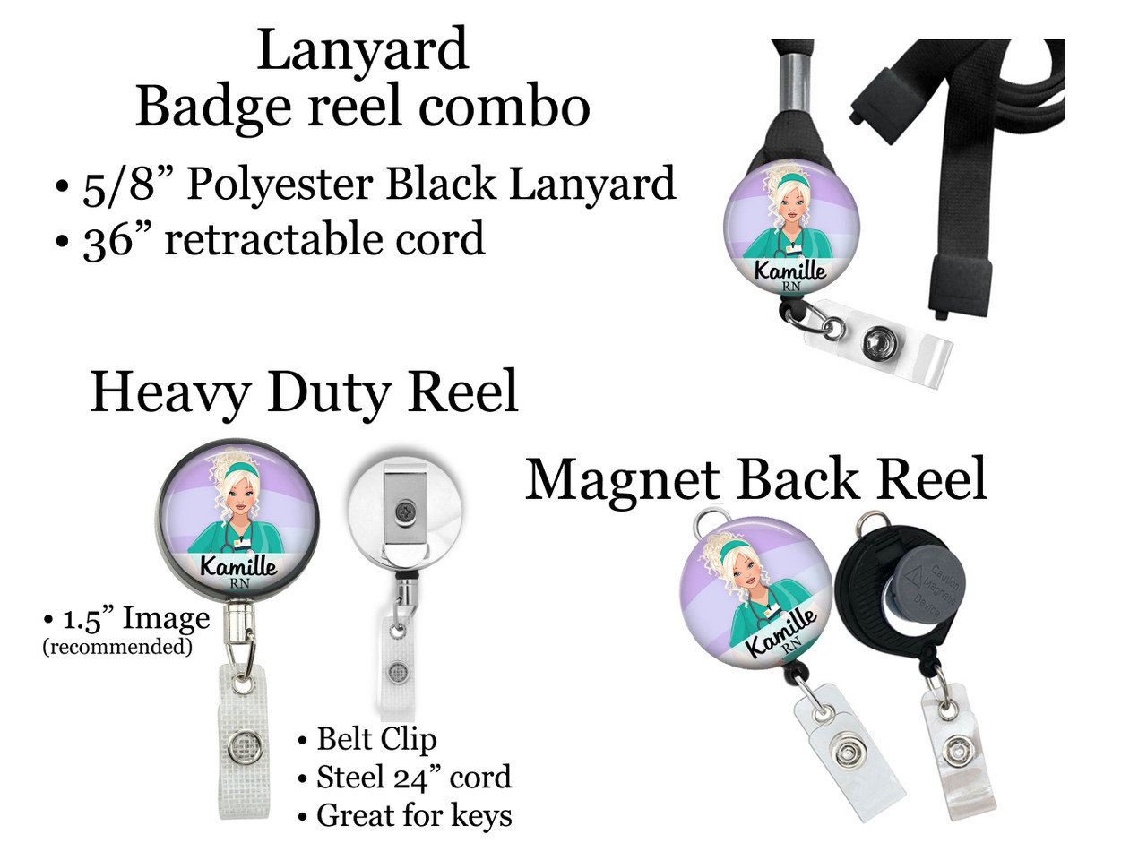 Black Nurse Retractable ID Badge Reel, Lanyard, or Carabiner (21