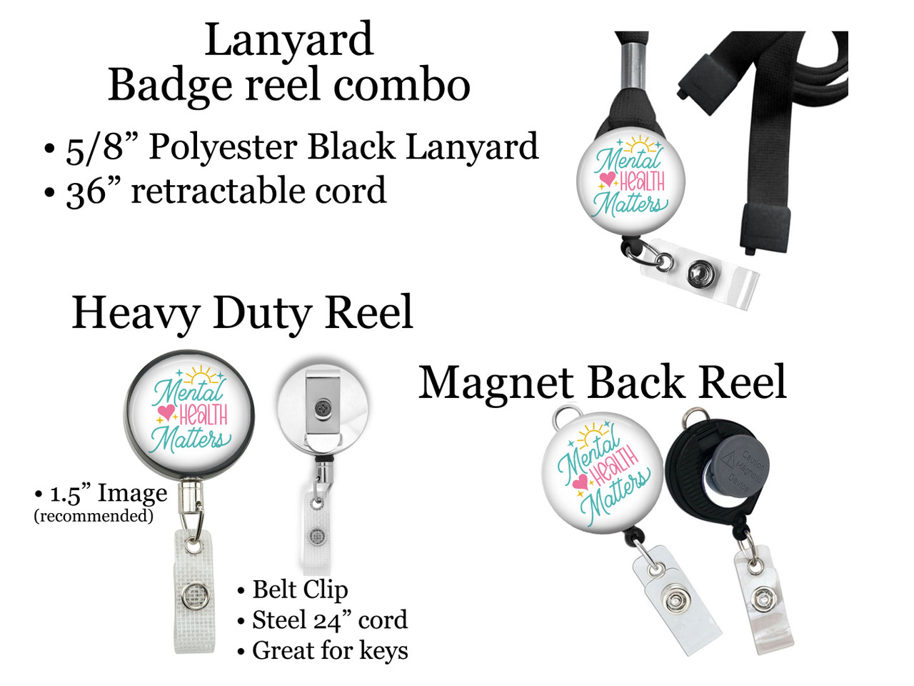 Mental Health Retractable ID Badge Reel, Lanyard, or Carabiner (7 Designs)  - The Badge Patch (A Crystal Garden LLC)