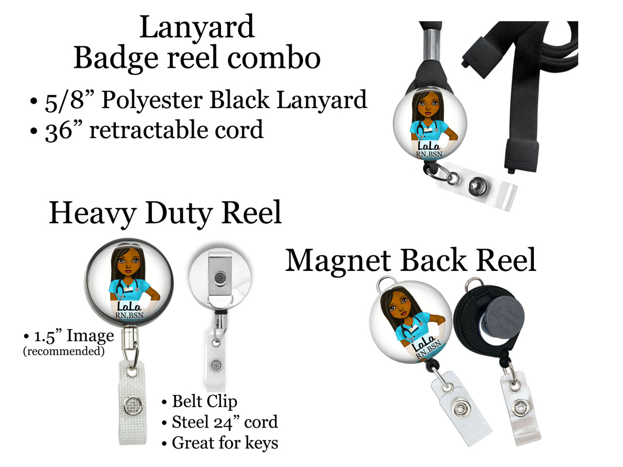 Nurse Retractable ID Badge Reel, Lanyard, or Carabiner (16 Designs