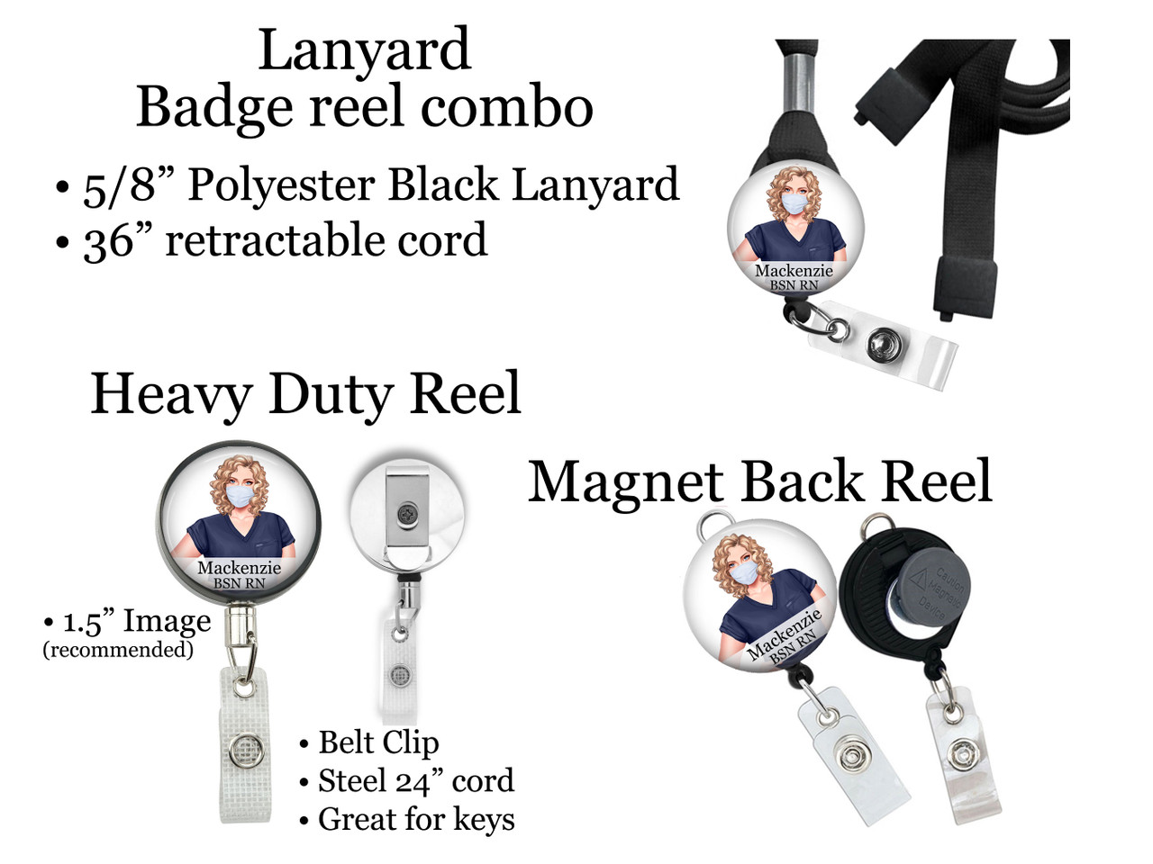 Medium Curly Hair Nurse Retractable ID Badge Reel, Lanyard, or Carabiner  (20 Designs) - The Badge Patch (A Crystal Garden LLC)