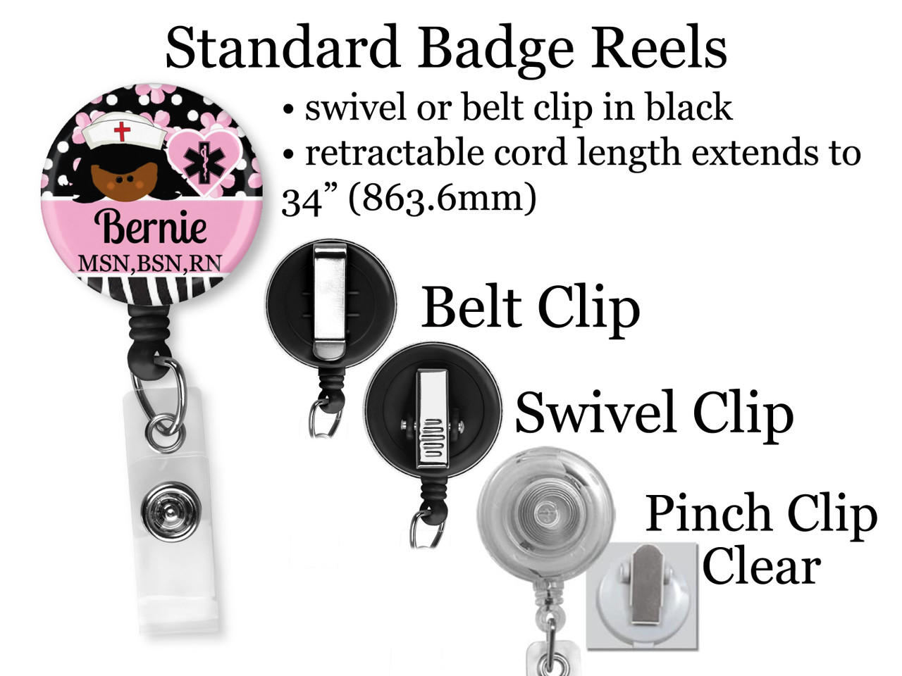 Black Nurse Retractable ID Badge Reel, Lanyard, or Carabiner (20 Colors) -  The Badge Patch (A Crystal Garden LLC)