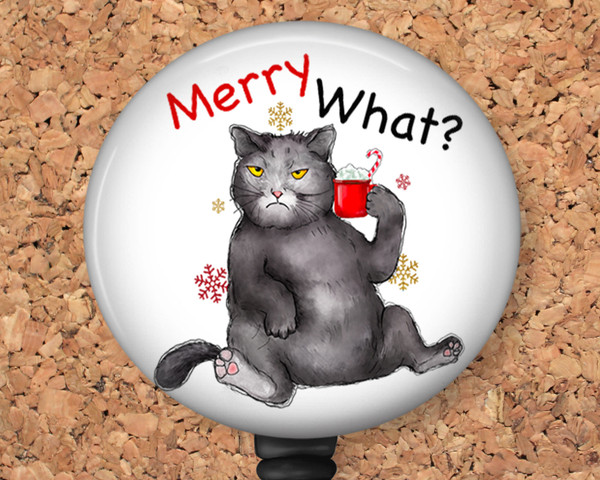 Merry What Christmas Cat Retractable ID Badge Reel, Lanyard, or Carabiner