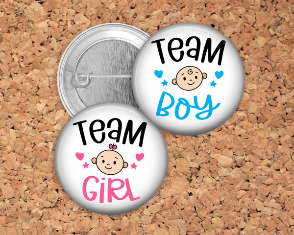 Team Girl and Team Boy Baby Face Gender Reveal Party Favor Pins