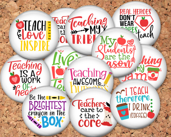 Teacher Pinback button pin or flatback (12 Pack)