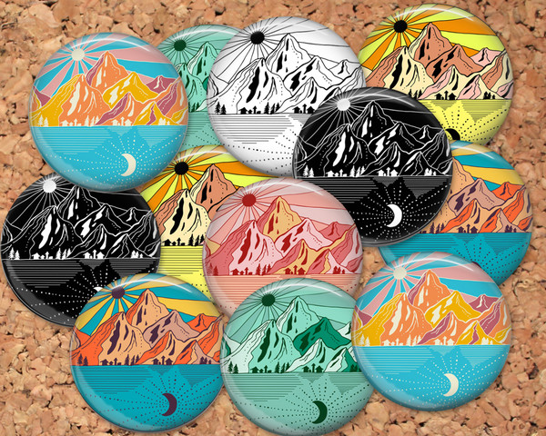 Mountains Pinback button pin or flatback (12 Pack)