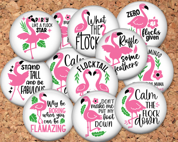 Flamingo Pinback button pin or flatback (12 Pack)
