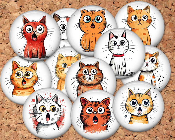 Surprised Cats Pinback button pin or flatback (12 Pack)