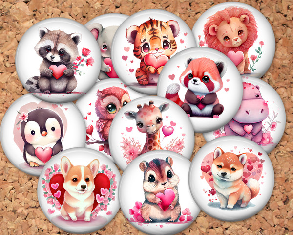 Valentine Animals Pinback button pin or flatback