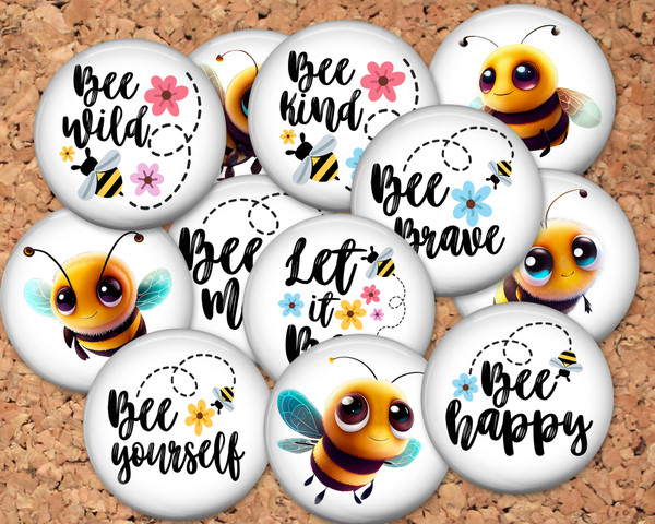 Cute Bees Pinback button pin or flatback (12 Pack)
