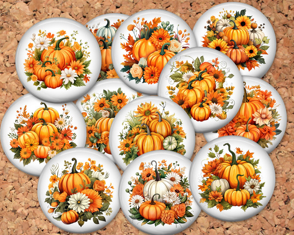 Pumpkins and Flowers Pinback button pin or flatback (12 Pack)