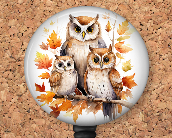 Fall Owl Family Retractable ID Badge Reel, Lanyard, or Carabiner