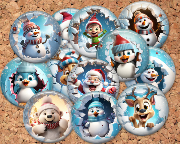 Christmas Characters Pinback button pin or flatback (12 Pack)