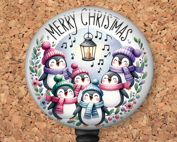 Singing Christmas Penguins Retractable ID Badge Reel, Lanyard, or Carabiner