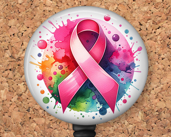 Breast Cancer Awareness Paint Splatter Retractable ID Badge Reel, Lanyard, or Carabiner