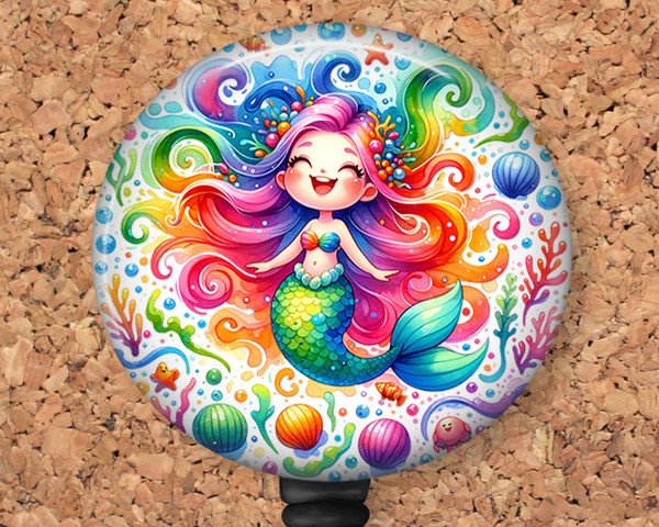 Rainbow Mermaid Retractable ID Badge Reel, Lanyard, or Carabiner