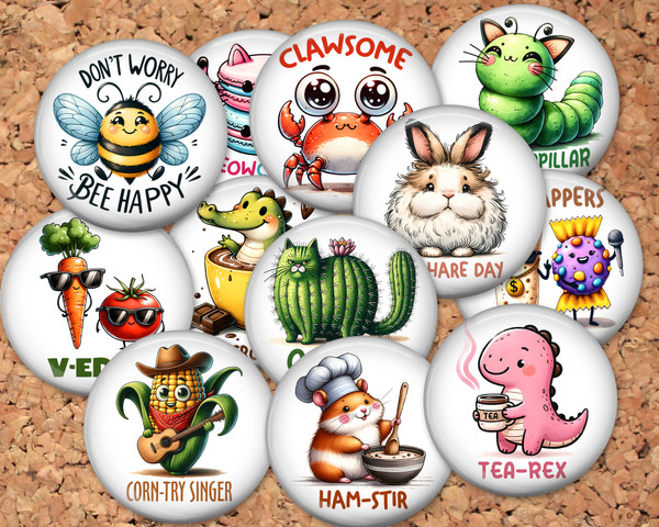Funny Animal and Vegetable Pun Pinback button pin or flatback (12 Pack)