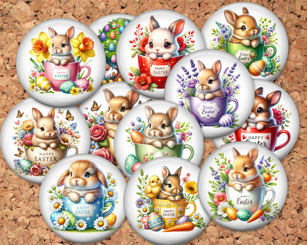 Easter Teacup Bunnies Pinback button pin or flatback (12 Pack)