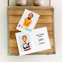 Front and inside of a folded card with a birthday party announcement