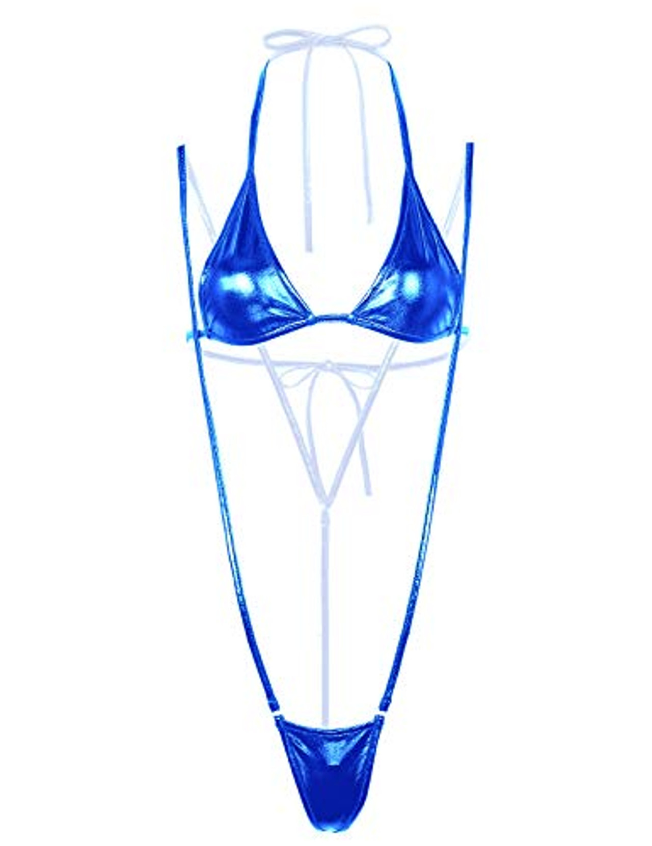 Qinciao Women S Metallic Slingshot Bikini Set Halter Bra Top And Micro Thong Swimsuits Blue One