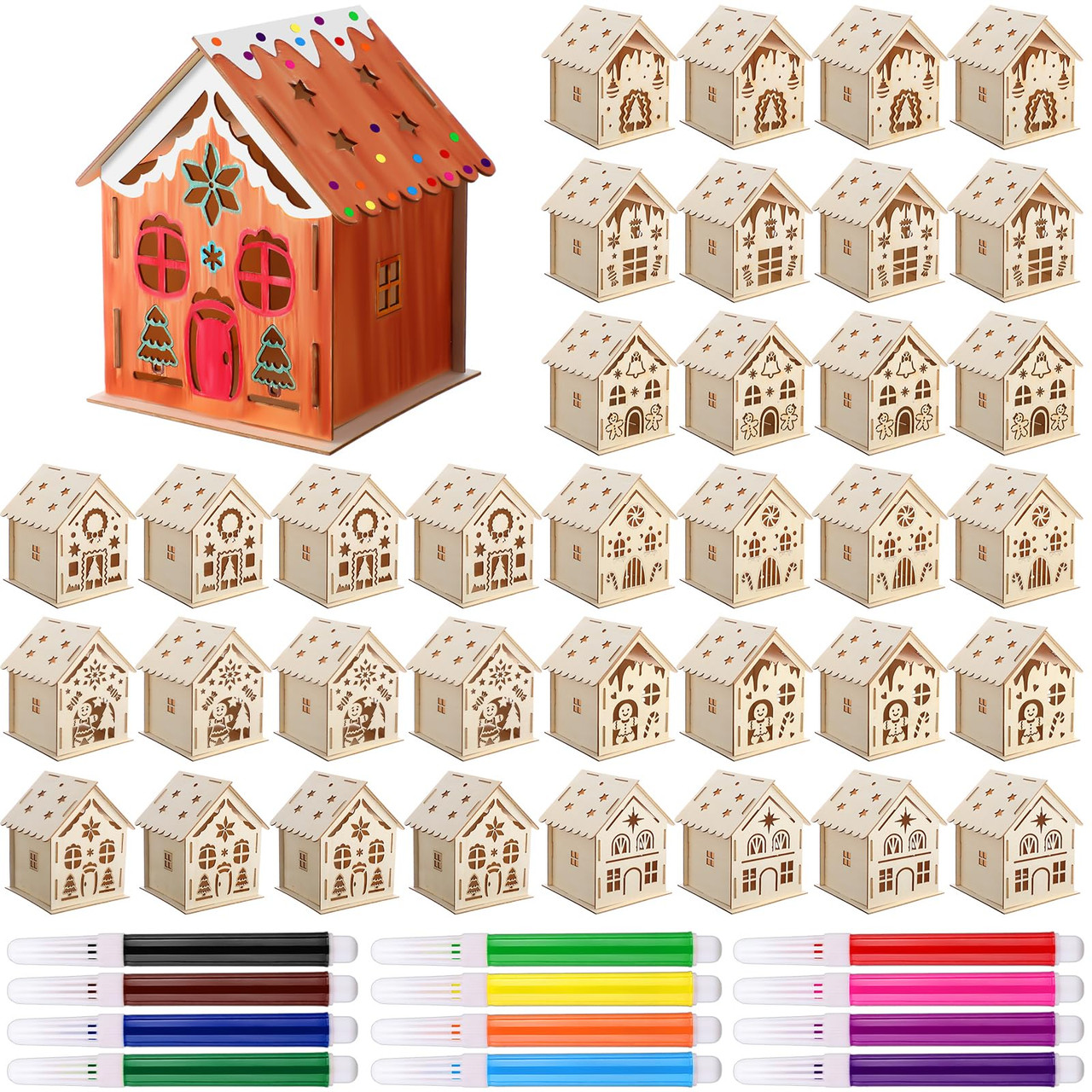 Kathfly 9 Sets Wooden Christmas Houses and Watercolor Pens, Christmas