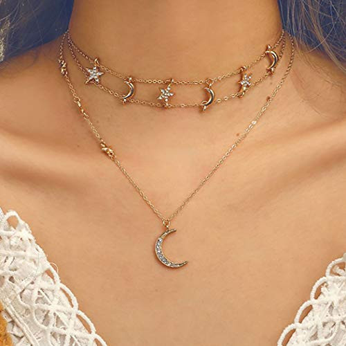 Harosy Gold Moon Necklace Layered Star 