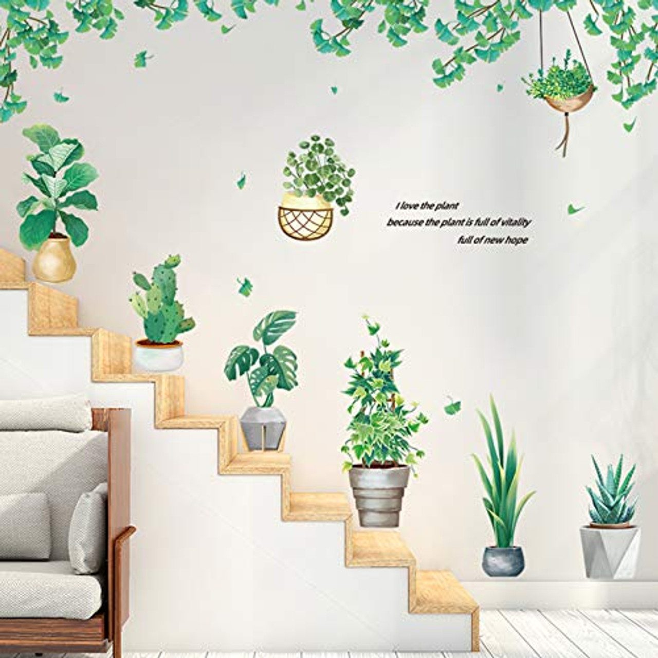 OOTSR Green Potted Plants Wall Decals Hanging Leaves Wall Stickers Removable Waterproof Decorations Tropical Leaf Wall Art Mural Decor for Living Room Study Windows 