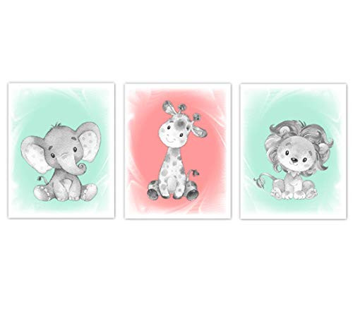 Coral Mint Safari Animals Watercolor Baby Girl Nursery Wall Art ...