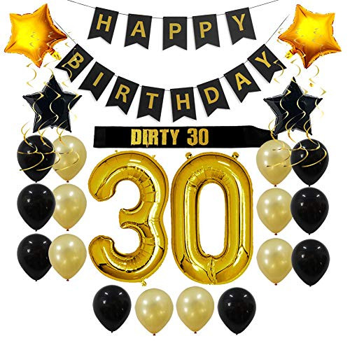 Happy Dirty 30 Birthday Images 30Th Birthday Decorations Party Supplies Gift For Her/Him - Dirty 30 Party Supplies, Happy Birthday Banner, Sash, 30 Gold Number Balloons, Sparkling Hanging Swirls, Black And Gold Balloons - Warehousesoverstock