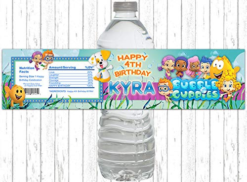 10 BUBBLE GUPPIES Water Bottle Label Stickers Teal and Pink Party Favor