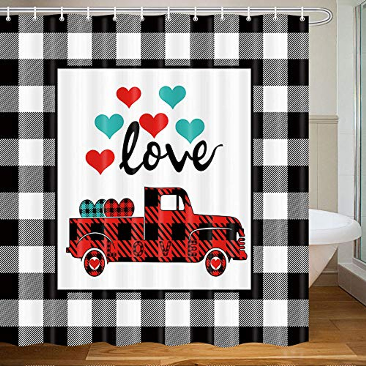 Valentine's Day Red Truck Shower Curtain Bathroom Decor Fabric & 12hooks 