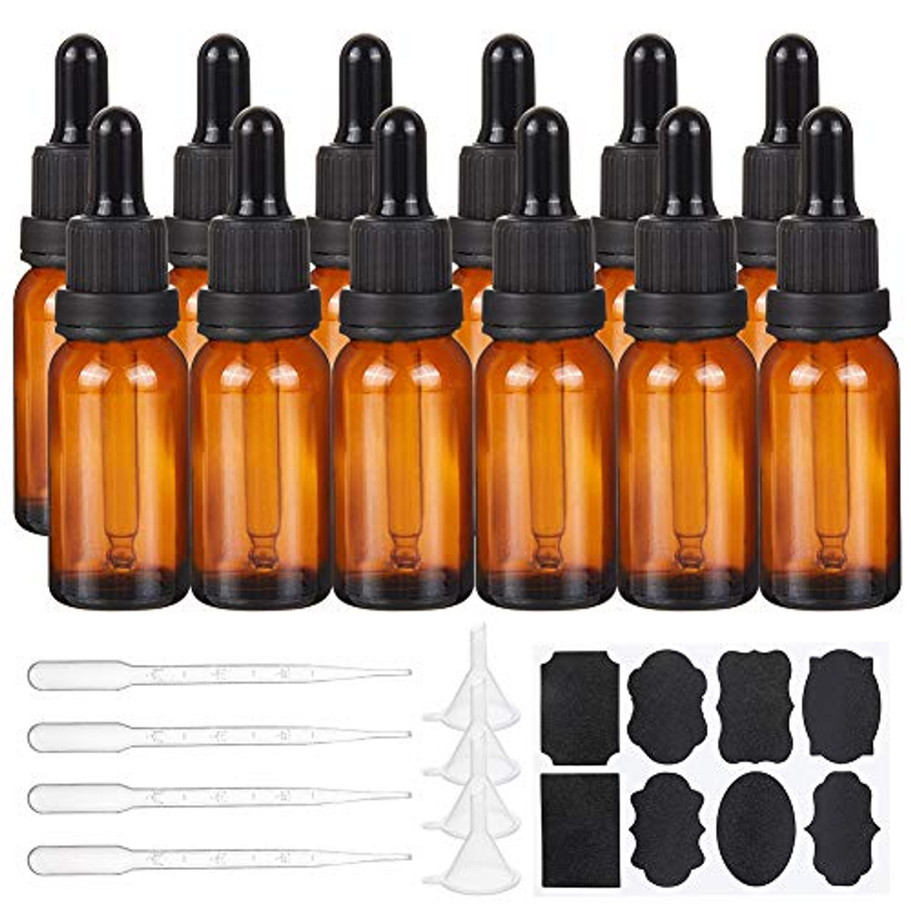 BENECREAT 15 Packs 15ml Amber Brown Glass Dropper Bottle Vials Glass Eye  Dropper Bottle with Labels Plastic Hoppers and Droppers for Essential Oil  ...