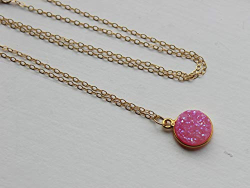 Hot Pink Druzy Necklace 14k Gold Filled 