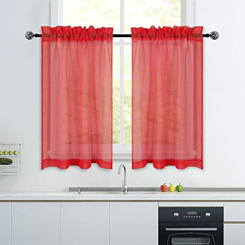 Red Short Sheer Kitchen Curtains 36 inch Length Tier Curtains ...