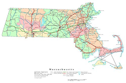 Large Detailed Administrative map of Massachusetts State with Roads ...
