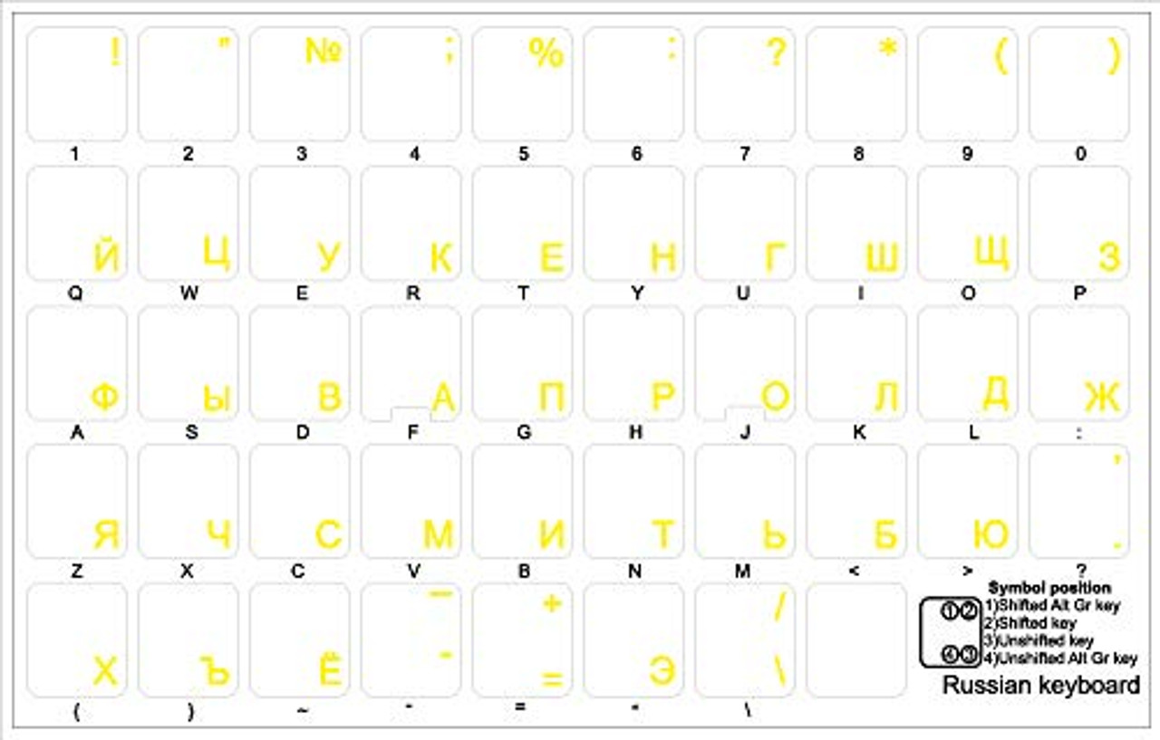 RUSSIAN CYRILLIC KEYBOARD STICKERS WITH YELLOW LETTERING TRANSPARENT BACKGROUND