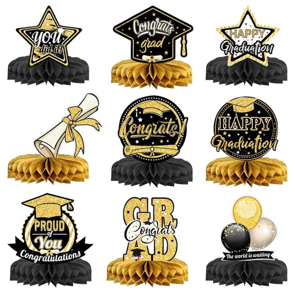 Grad Words 9 Pieces 2023 Graduation Honeycomb Centerpieces Black Gold Star ...