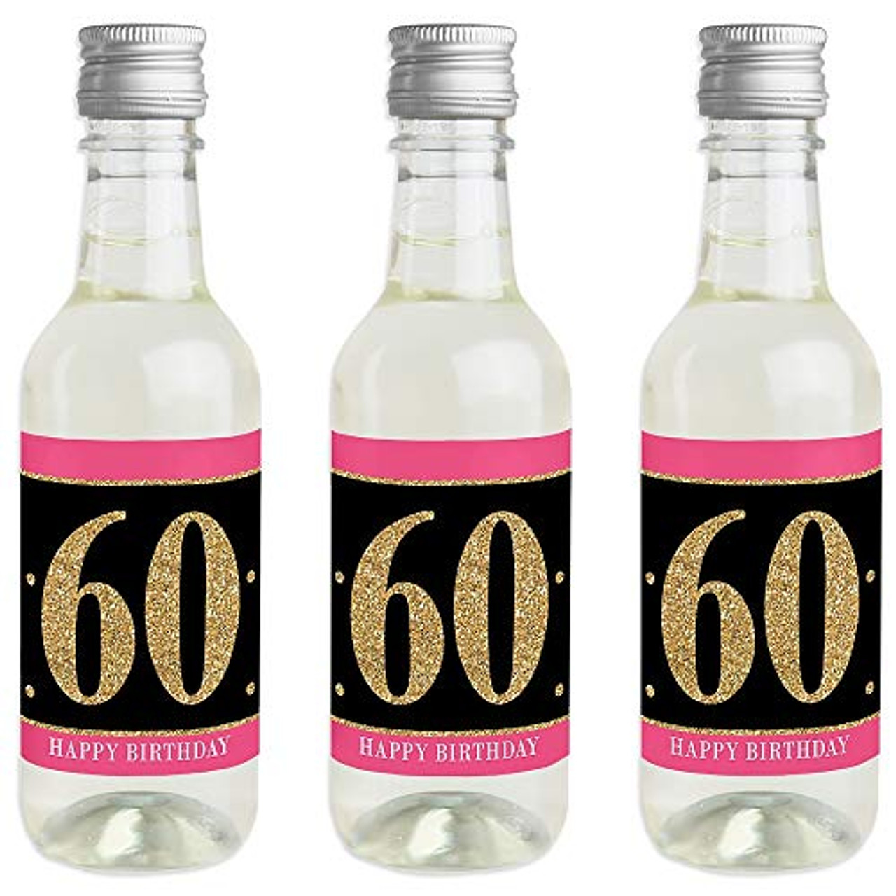 Chic 60th Birthday - Pink, Black and Gold - Mini Wine and Champagne Bottle Label Stickers - Birthday Party Favor Gift for Women and Men - Set of 16