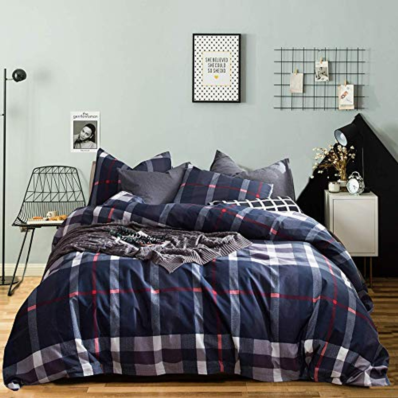 navy tartan bedding