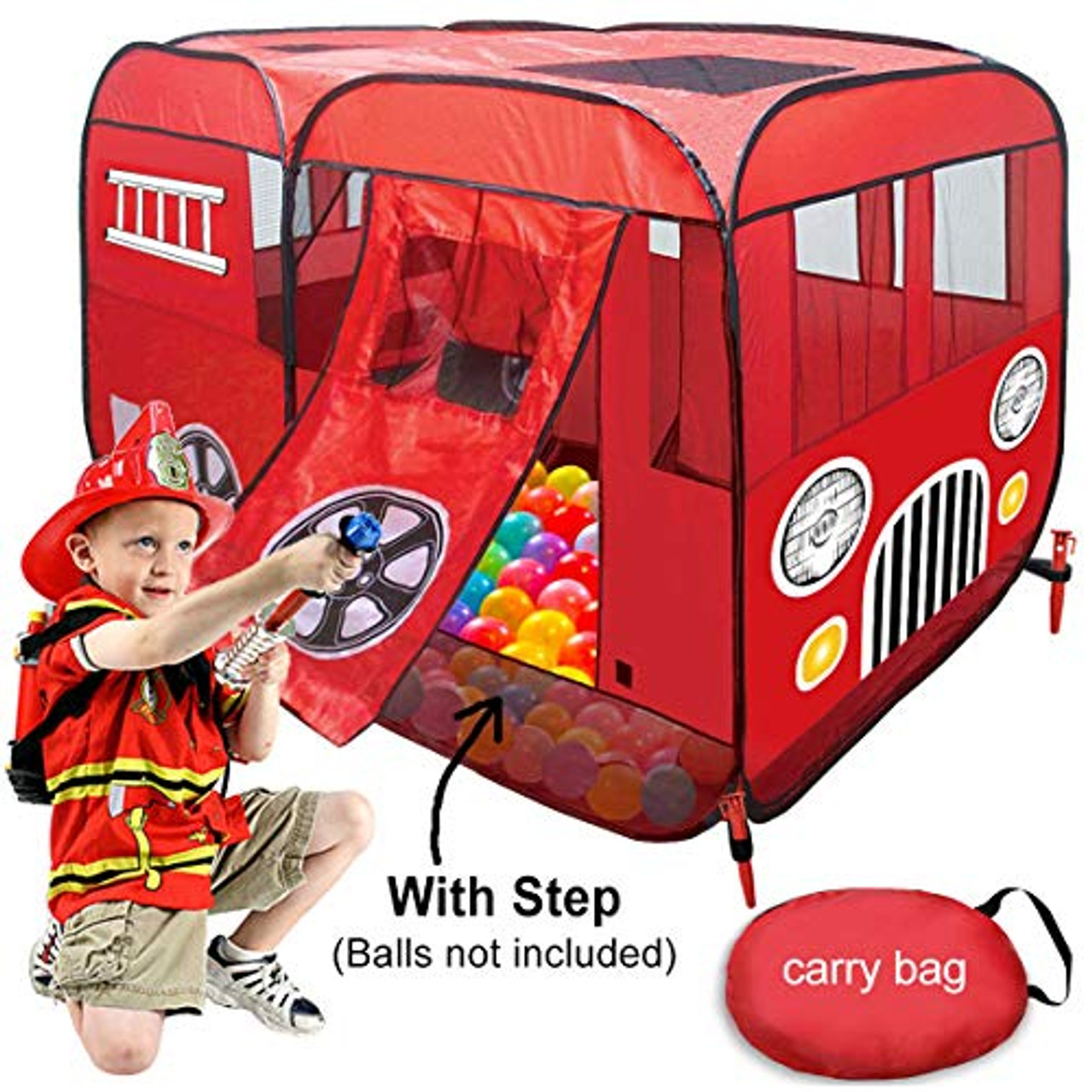 Woohoo Toys Play Tent For Kids Fire Truck Pop Up Playhouse Red With Step For Boys Girls Or Pet Use Indooroutdoor Large Can Fit Children Crib Bed Toyboxtech