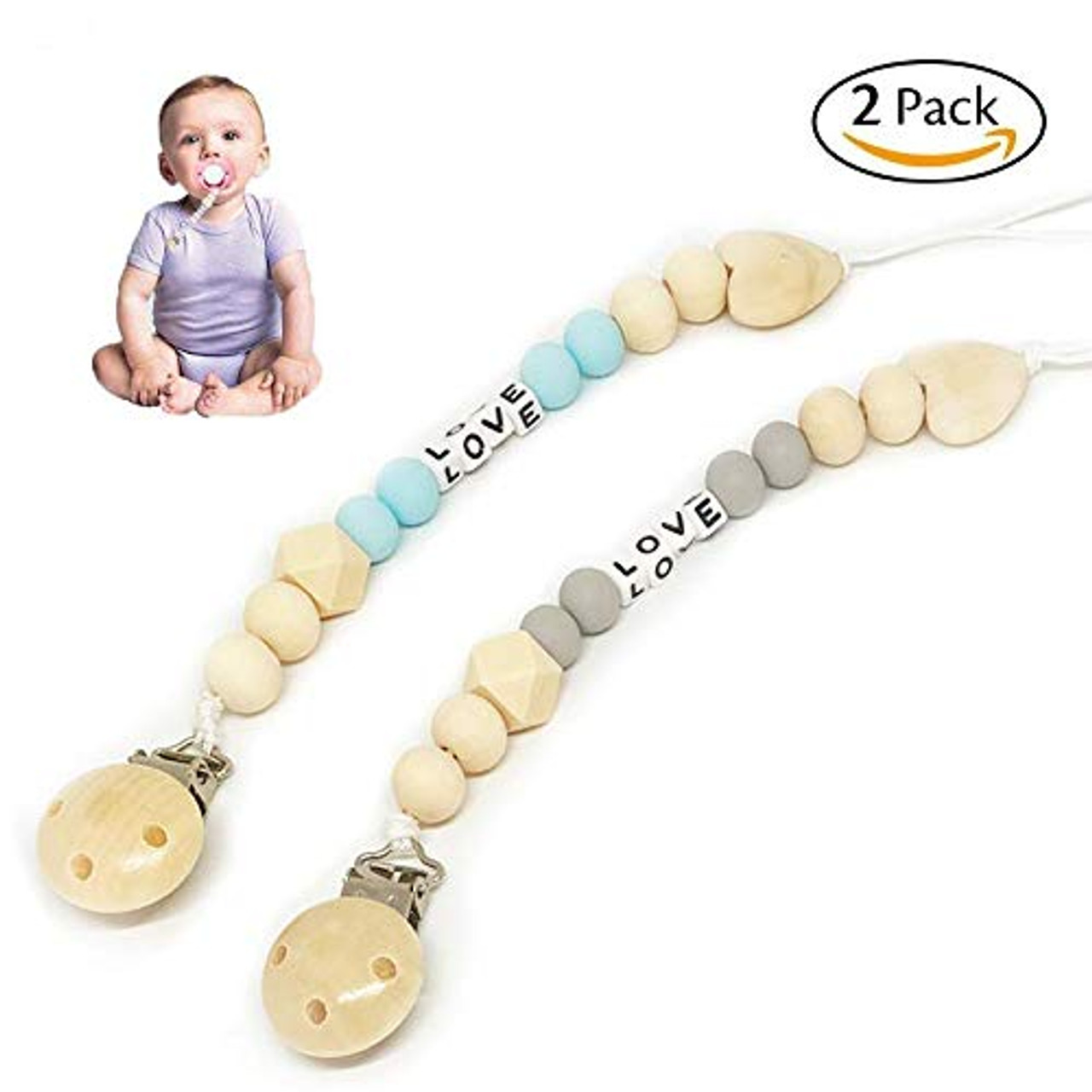 Wooden Teether Natural Baby Pacifier Clip Holder Dummy Chain Teething Beaded 