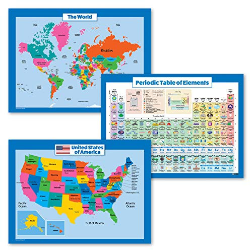 3 Pack - USA & World Map for Kids + Periodic Table of The Elements ...