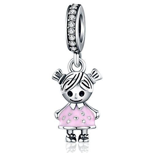 Pink Enamel Girl CZ Dangle Charms Pearl 