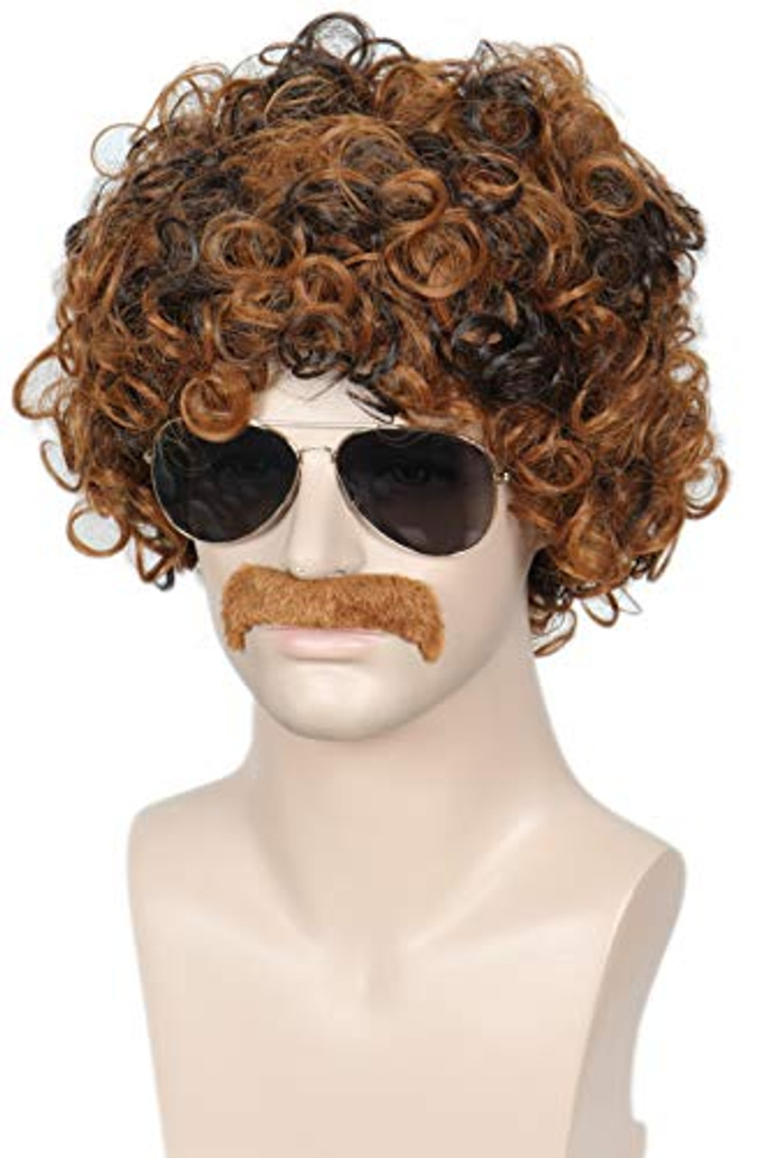 Linfairy Short 80s Costumes Mens Disco Dirt Bag Wig & Moustache Halloween Cosplay Costume Curly Wig 