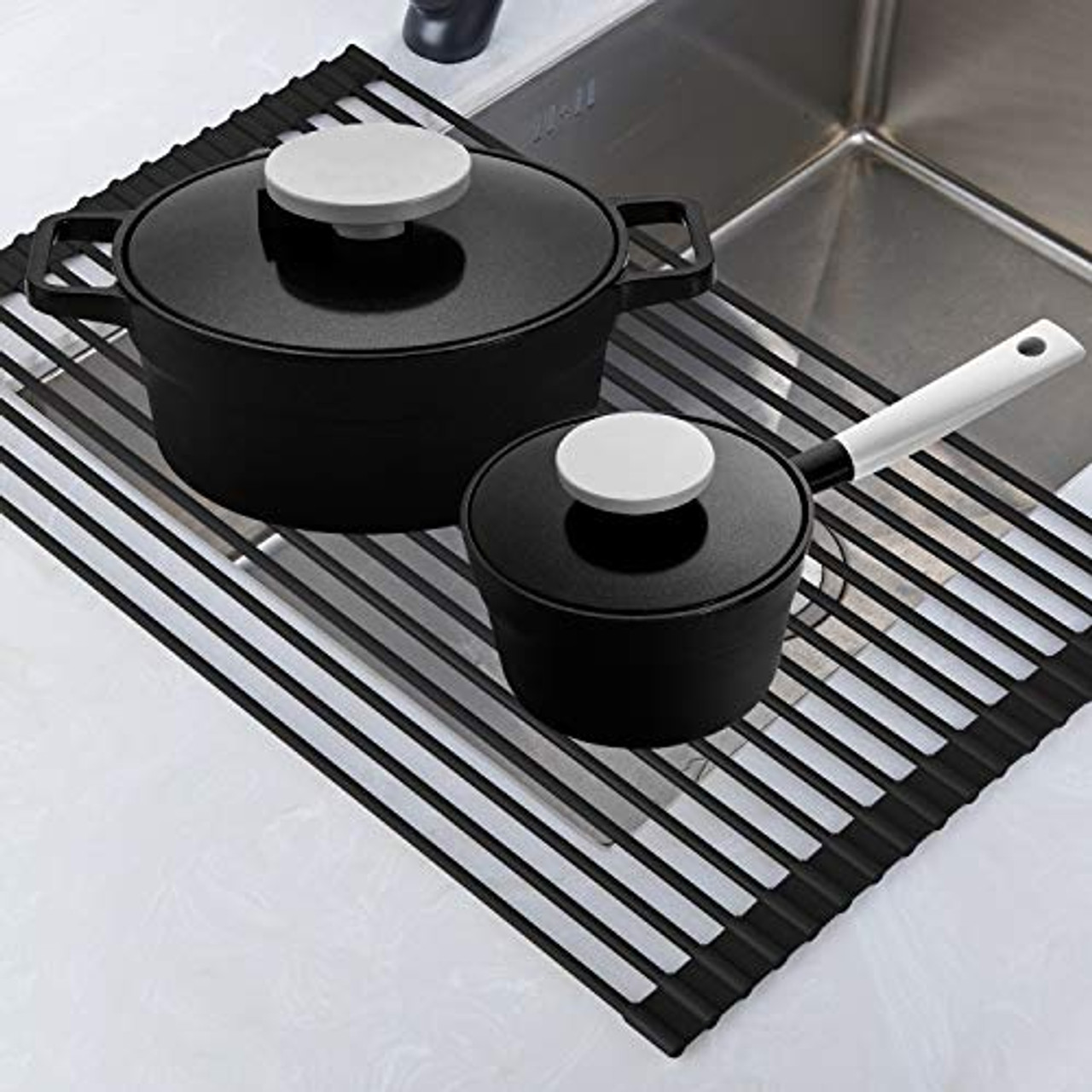 Roll Up Rack Collapsible Dish Drying Rack In The Sink Drying Mat Multipurpose Dish Drainer Rv Dish Drying Rack Fruits And Vegetable Rinser Durable Silicone Covered Stainless Steel Black Teci Tcf001b Toyboxtech