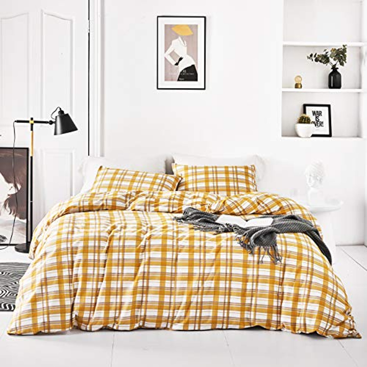 yellow and grey tartan bedding