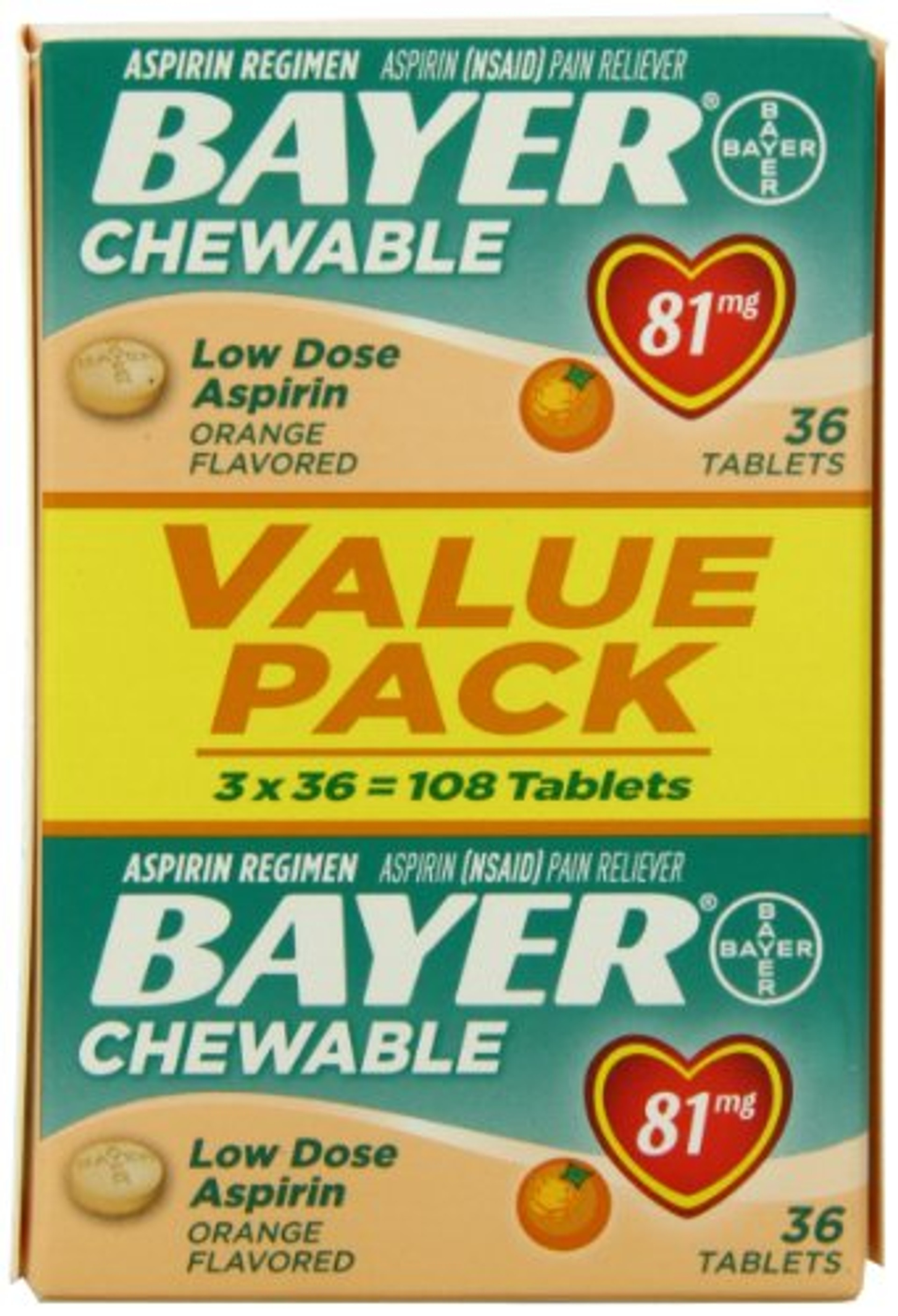 Bayer Chewable Aspirin Low Dose 81mg Orange Flavor Value Pack