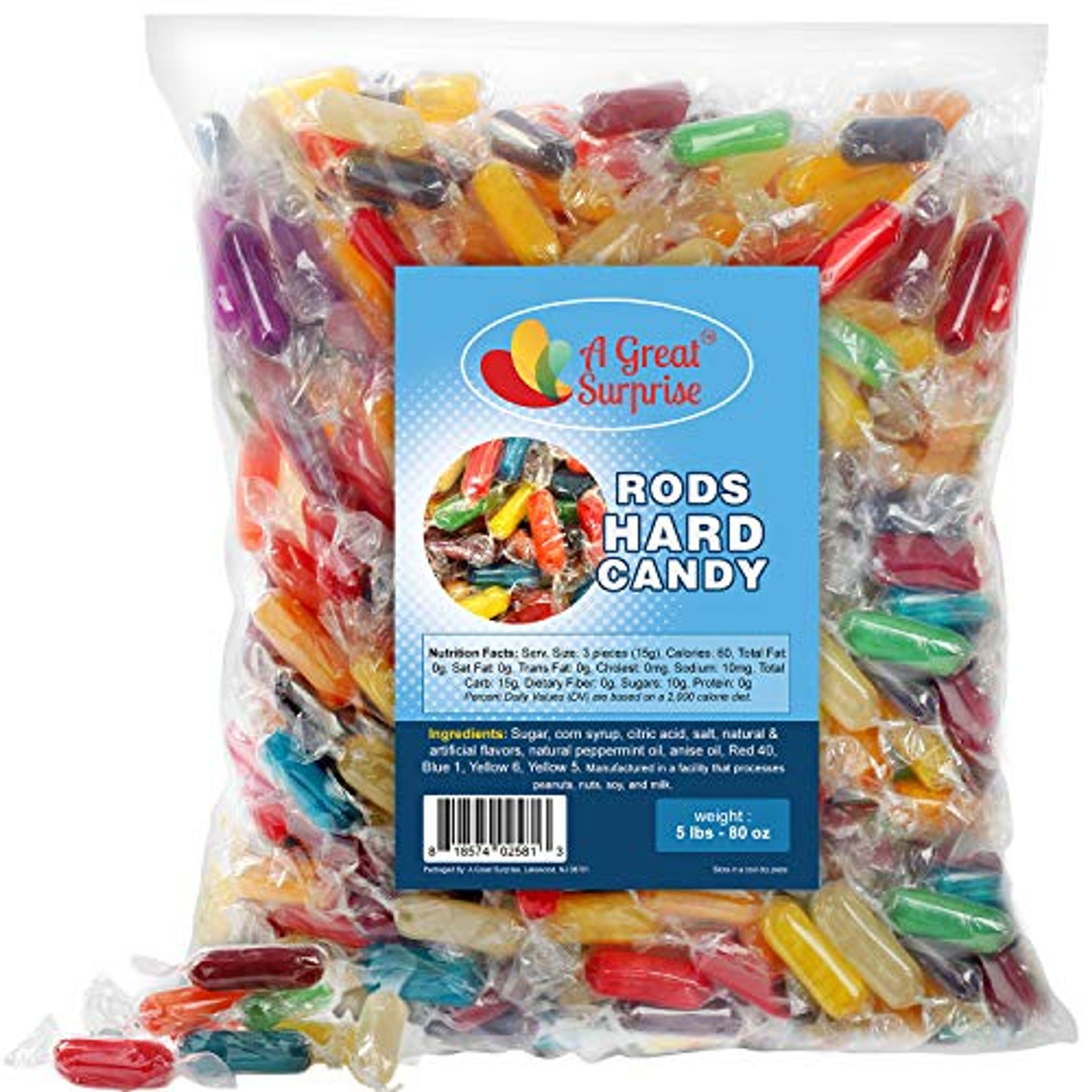 A Great Surprise Assorted Rods Hard Candy 5 Pound Bag Bulk