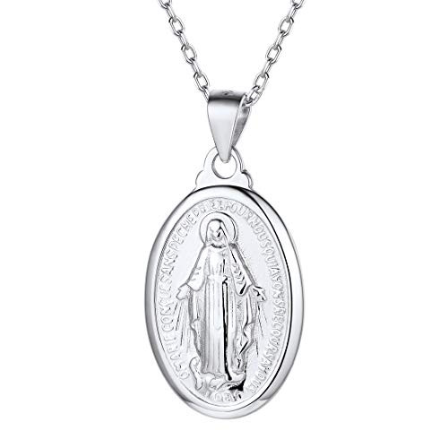 Nofade Silver Virgin Mary Necklace for Women Men 925 Sterling Silver Miraculous Medal Oval Pendant Necklace Catholic Religious Christian Jewelry